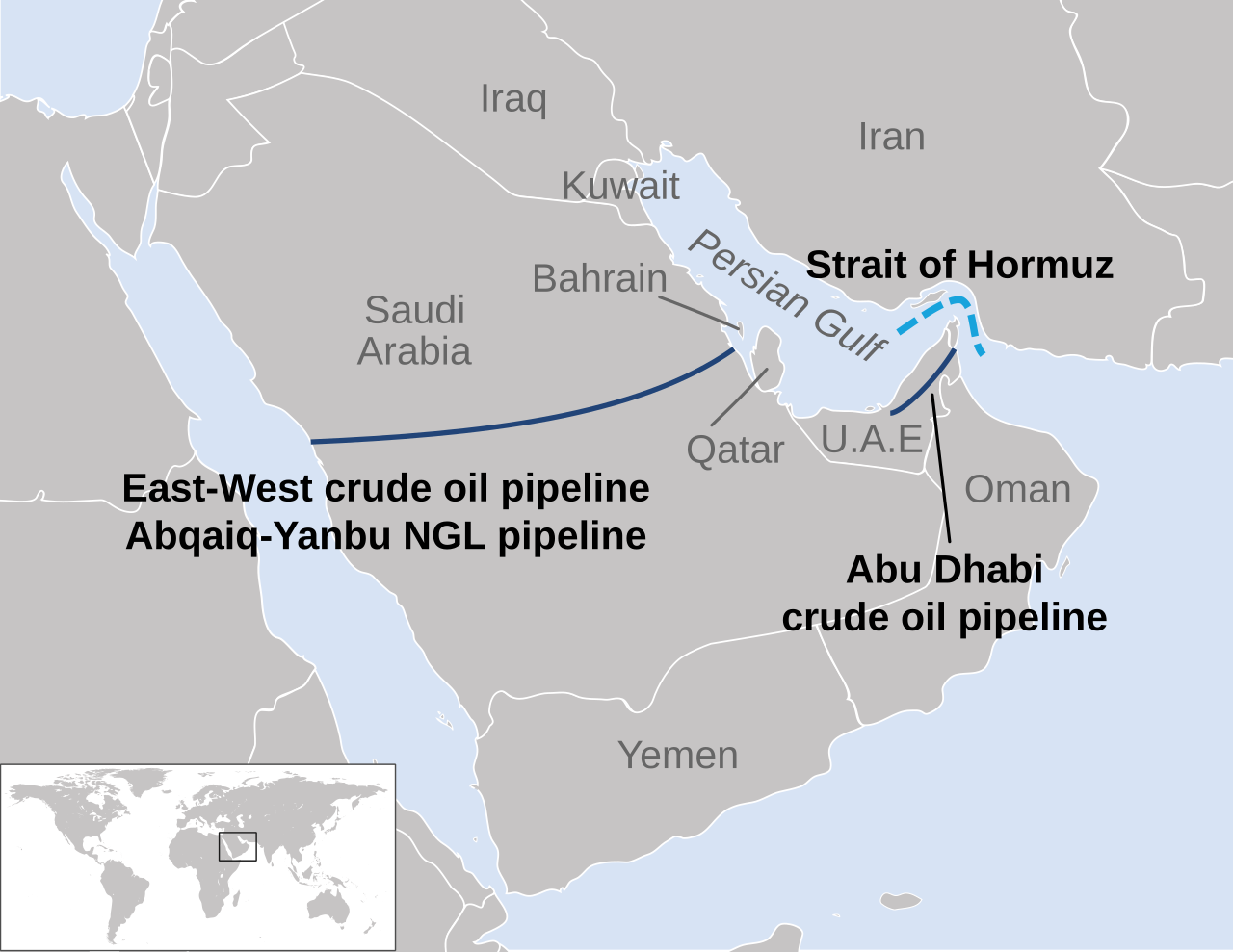 Map showing Strait of Hormuz, East-West crude oil pipeline, and Abu Dhabi crude oil pipeline