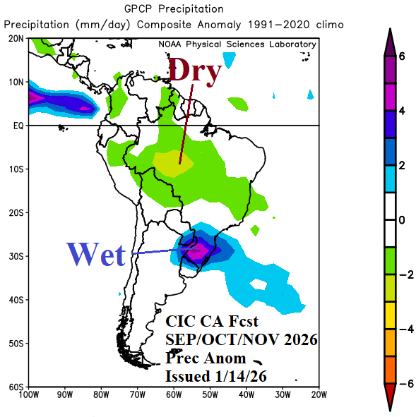 South America precipitation anomaly map