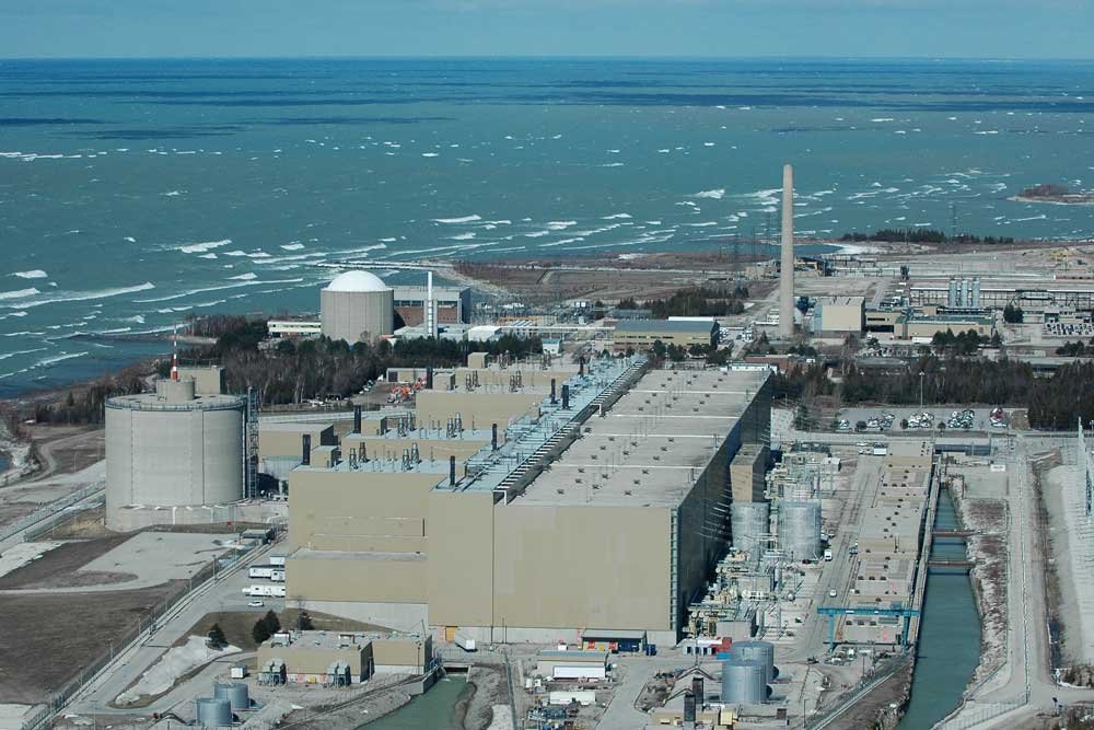 Aerial view of the Bruce Nuclear Generating Station on the shore of Lake Huron in Ontario